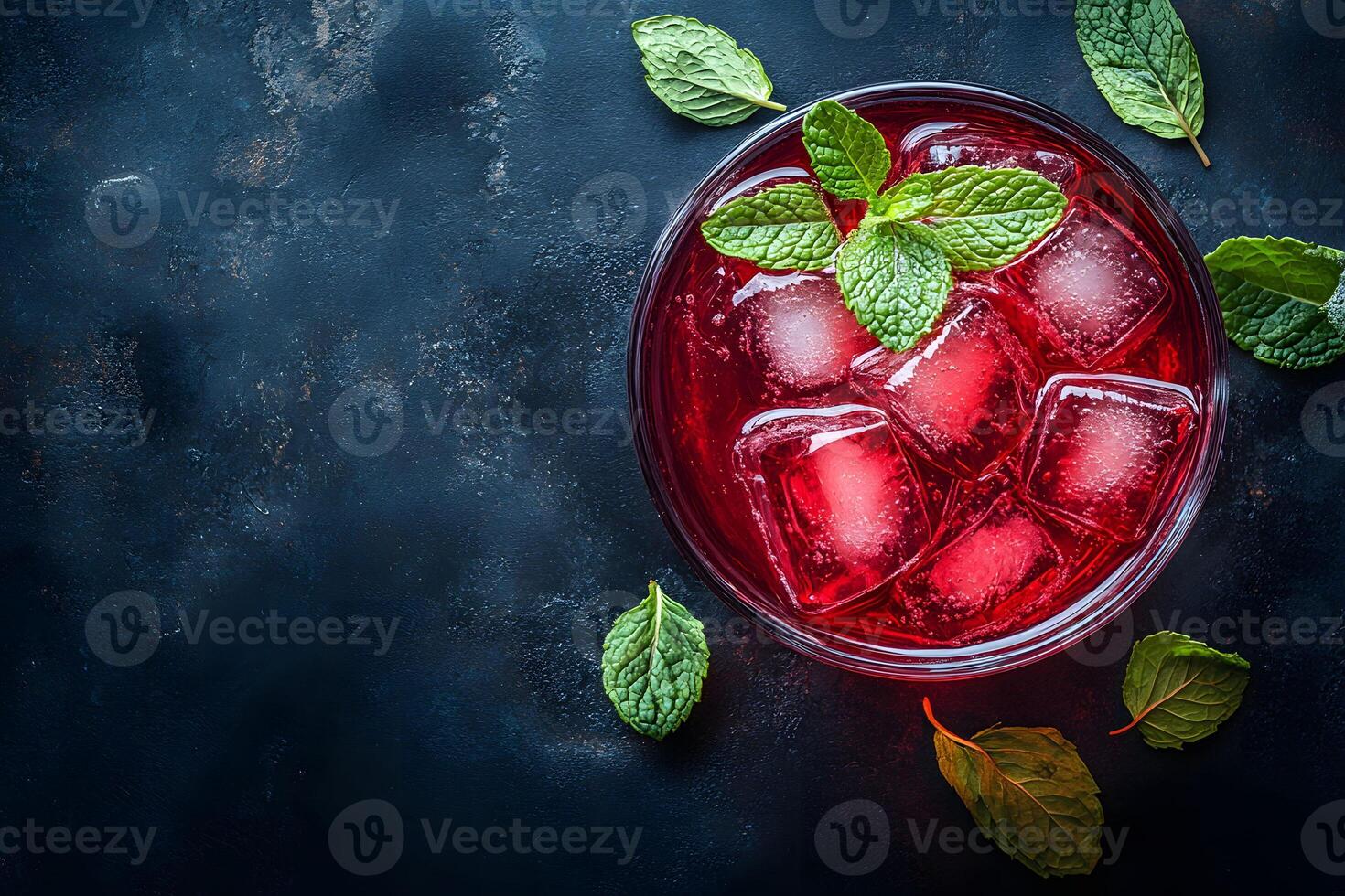 Refreshing Summer Beverage with Ice and Mint Leaves - Top View Design for Posters or Menus photo