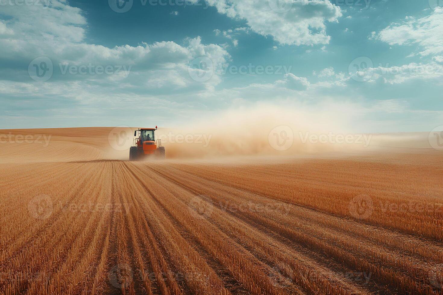 Tractor in Action on Wheat Field Under Dramatic Sky - Agricultural Machinery at Work photo