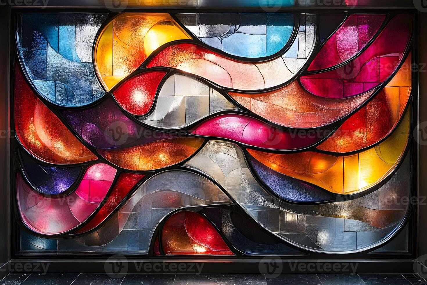 Abstract Stained Glass Art Display Featuring Vibrant Curved Patterns and Colors for Interior Design photo