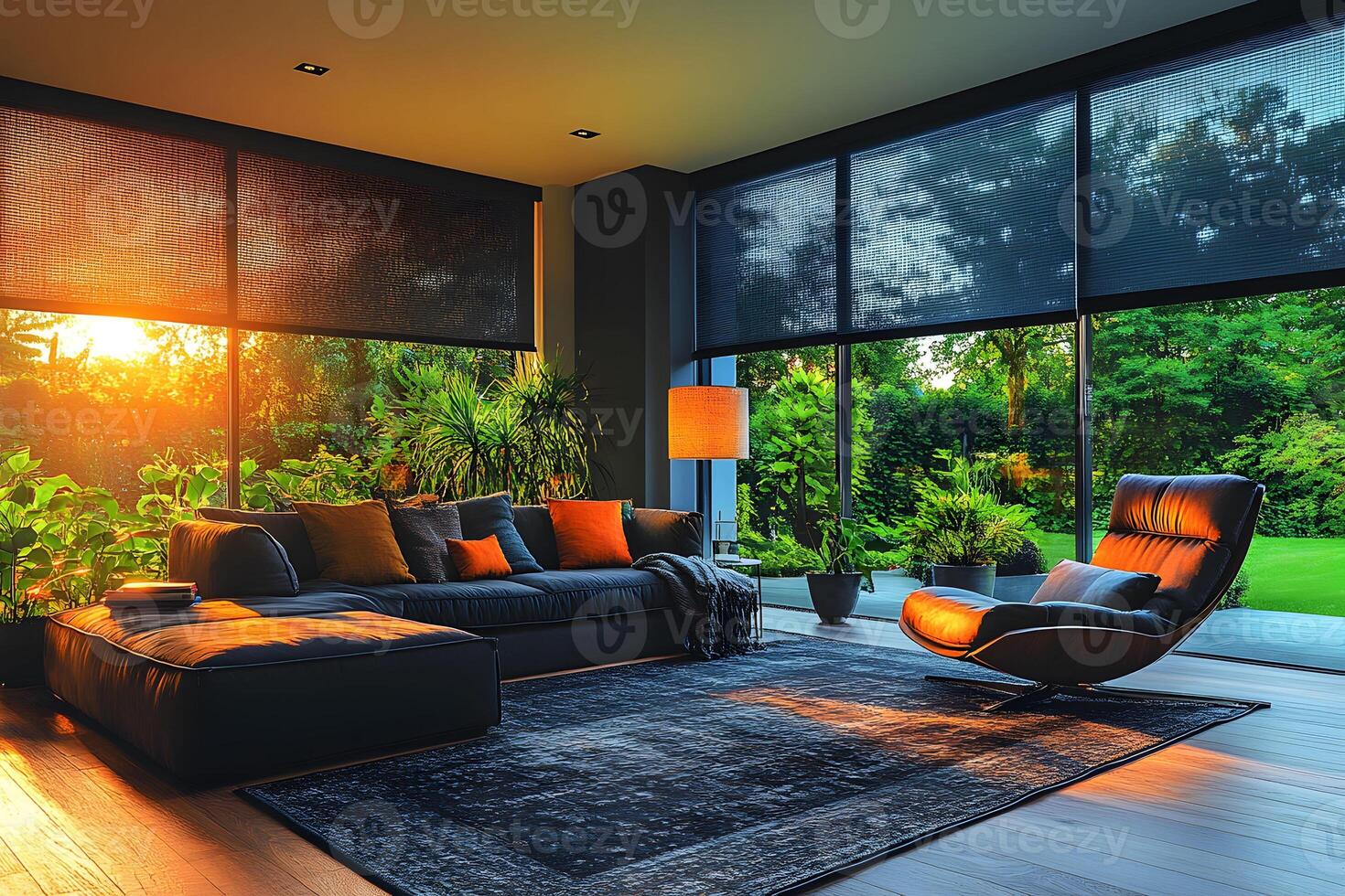 Cozy Modern Living Room Interior with Sunlit Garden View for Relaxation and Comfort photo