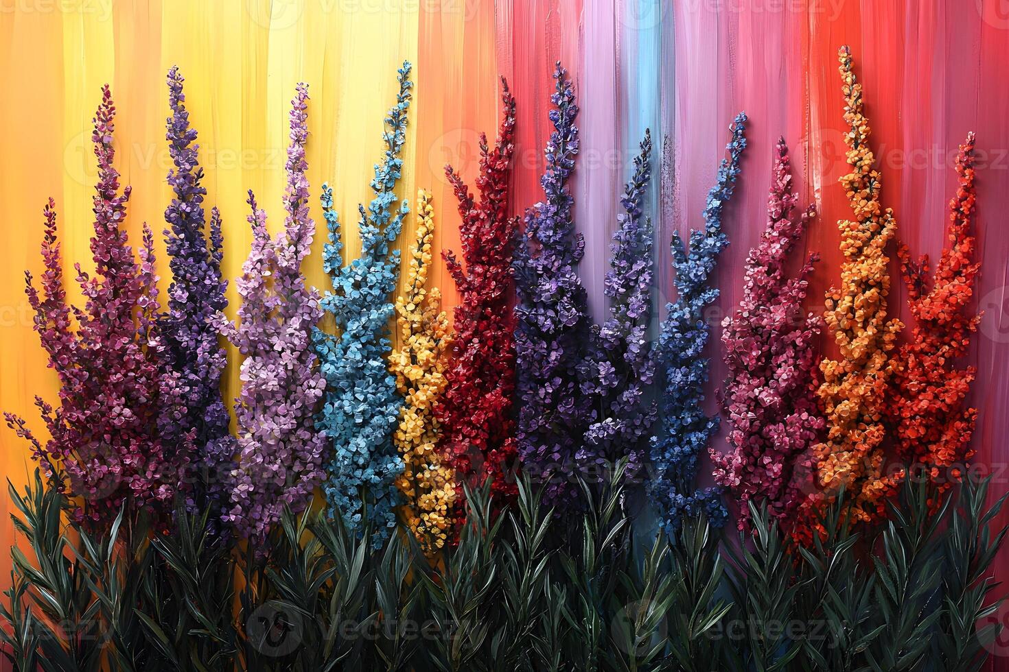 Vibrant Floral Display Against a Multicolored Painted Backdrop for Art and Design Inspiration photo