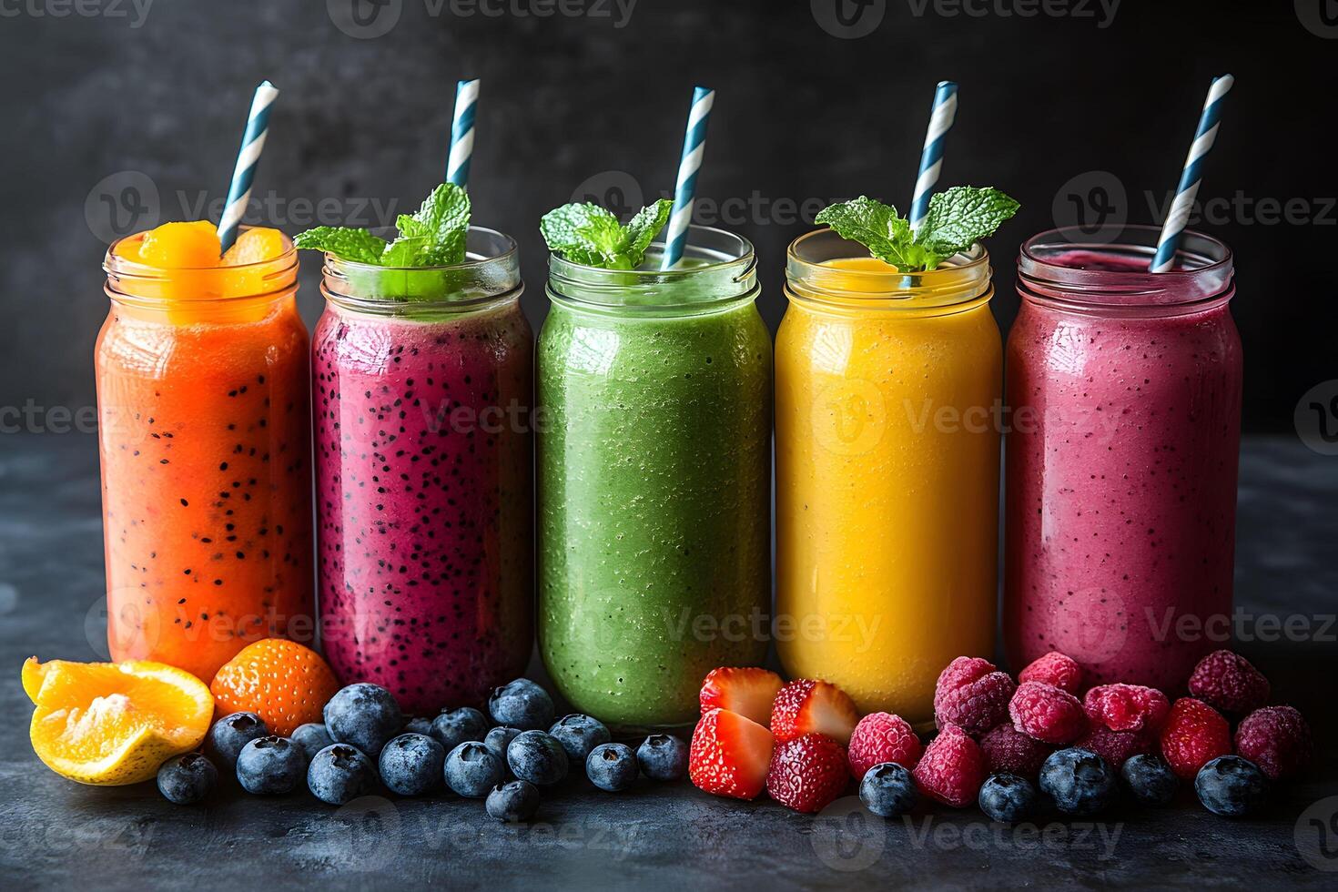 Vibrant Assorted Fruit Smoothies with Fresh Berries and Straws Display photo