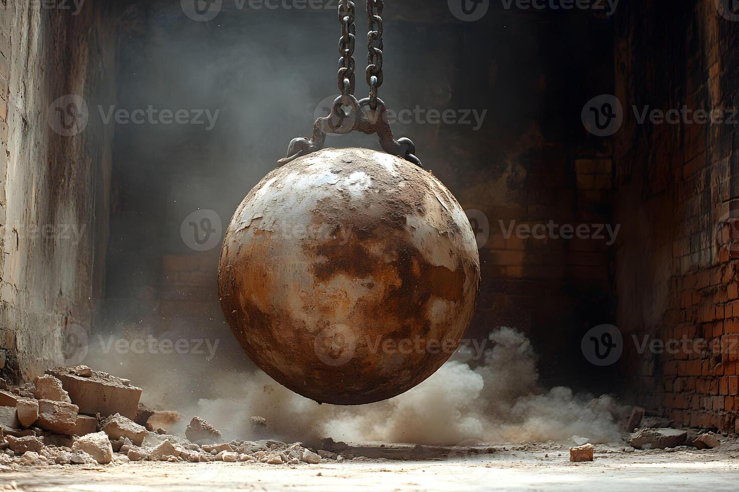 Demolition Scene with Large Rusty Wrecking Ball in Dusty Industrial Setting photo