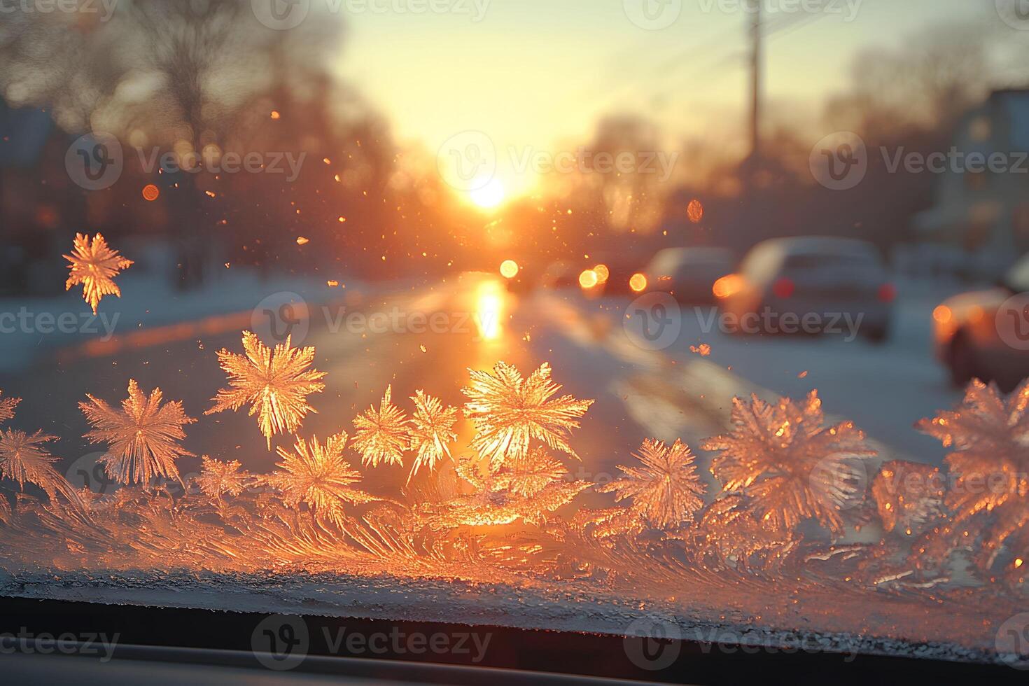 Winter Sunset Drive with Frost Patterns on Car Windshield photo