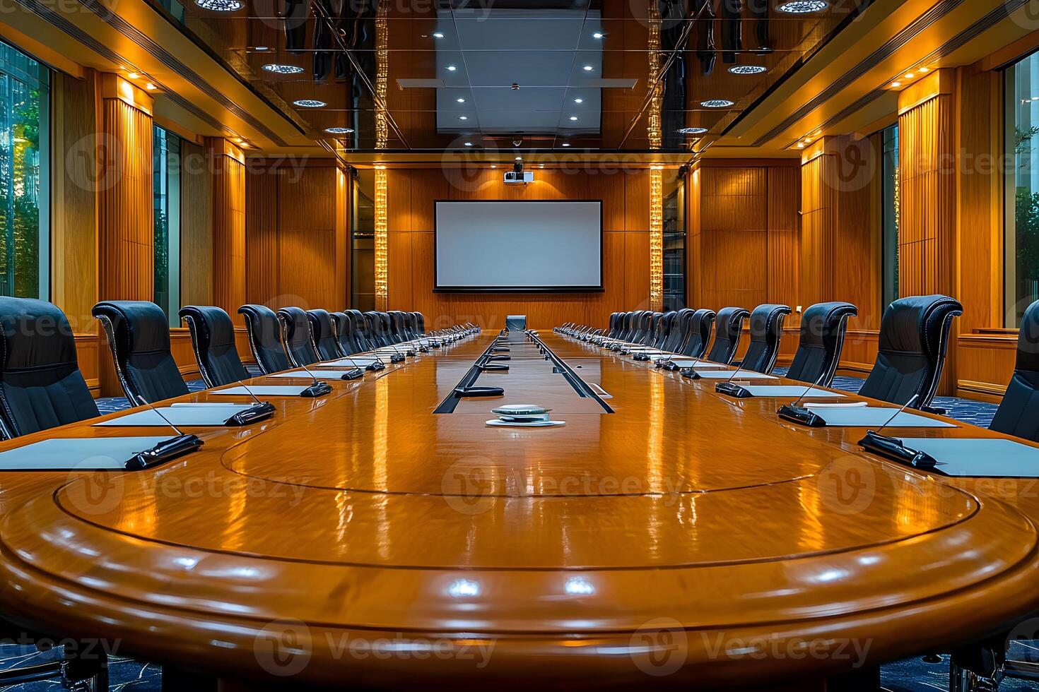 Modern Conference Room Setting with Long Table and Projection Screen for Business Meetings photo