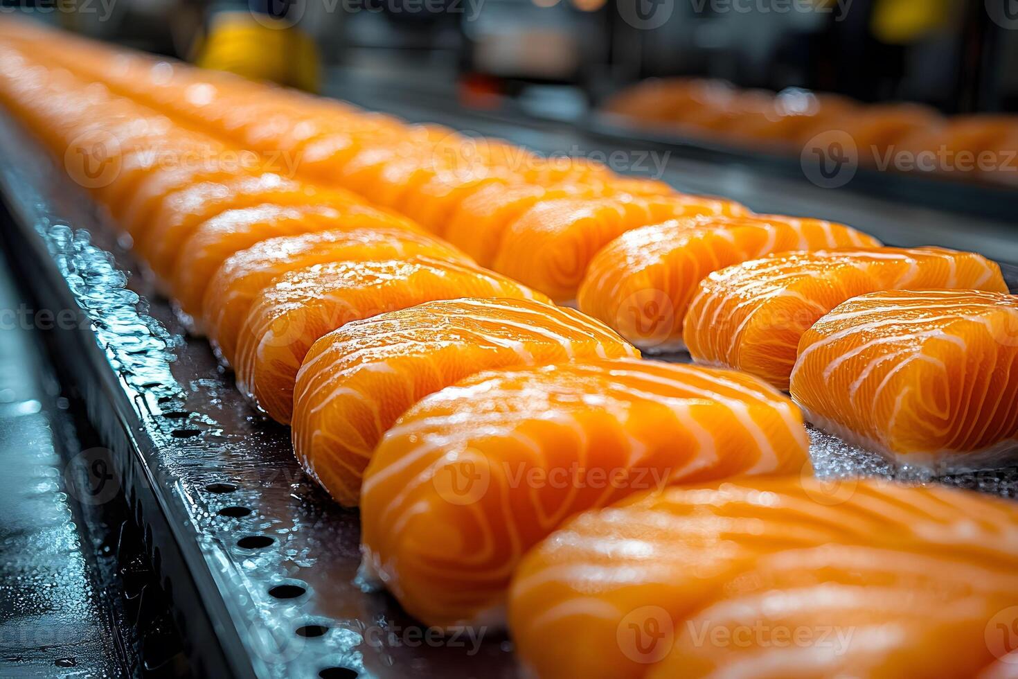 Fresh Salmon Fillets on Industrial Conveyor for Seafood Processing and Packaging photo