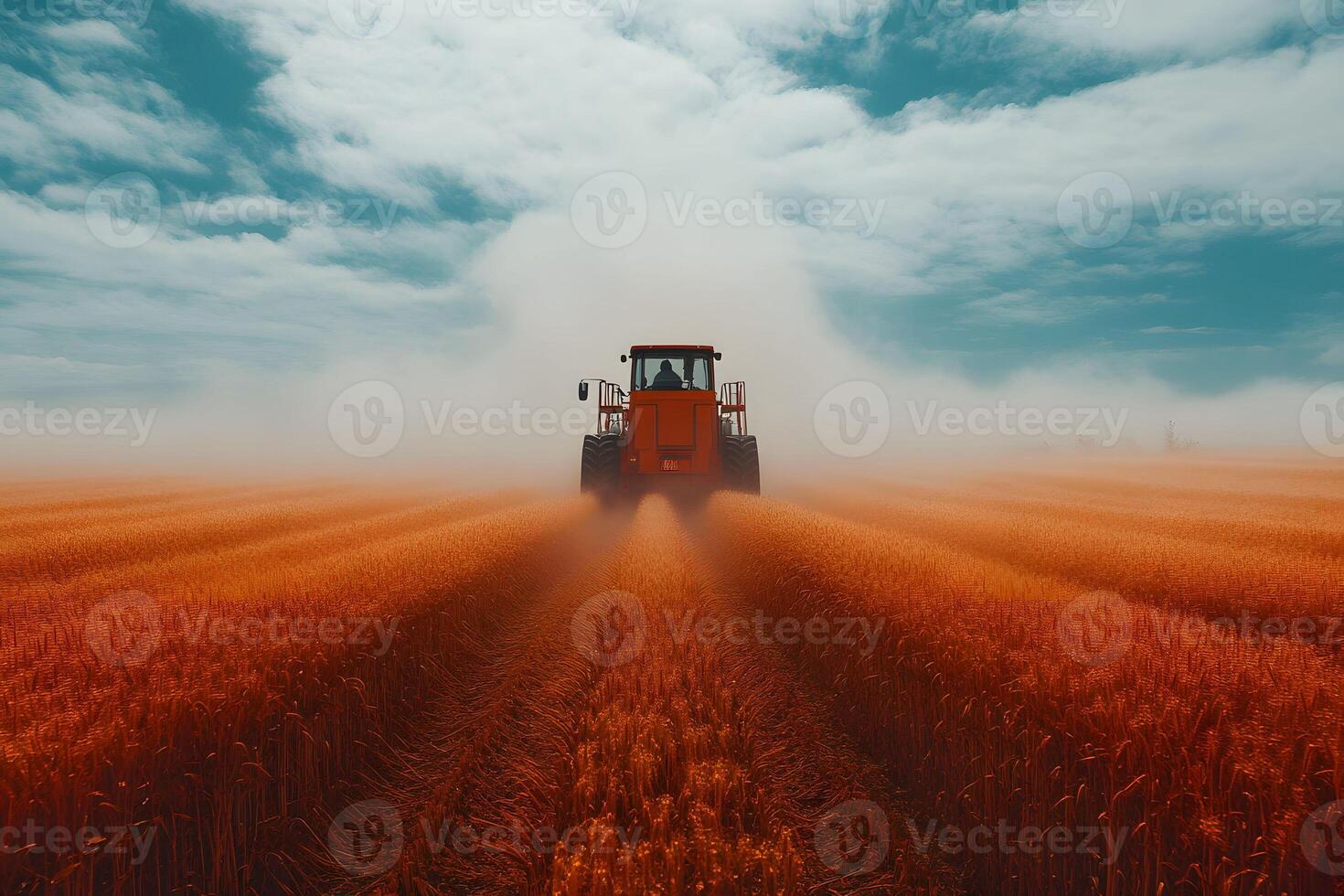 Autumn Harvest Tractor in a Vast Wheat Field under Dramatic Sky - Agriculture and Farming Concept photo