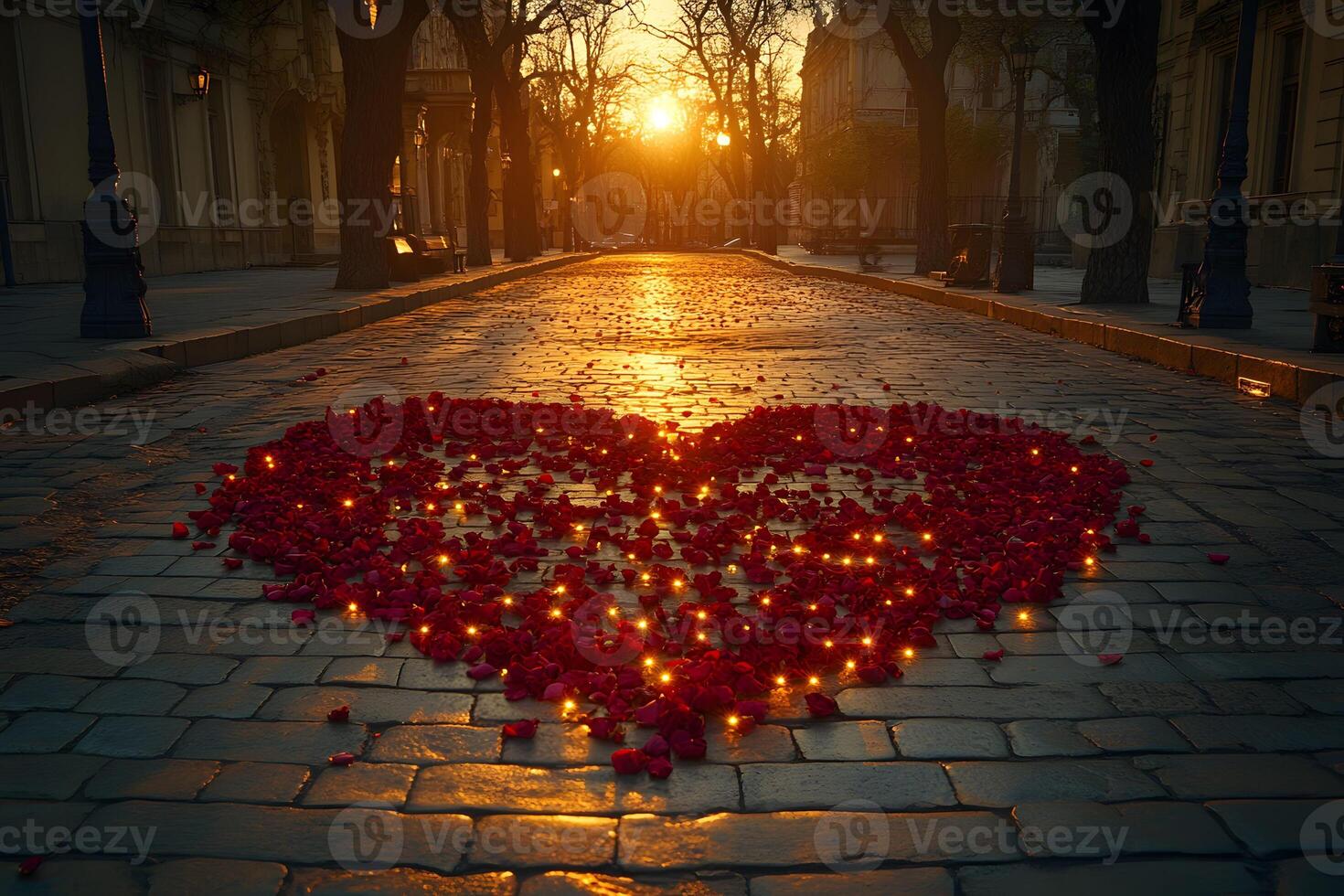 Romantic Sunset on Cobblestone Street with Heart-Shaped Rose Petals and Warm Lighting photo