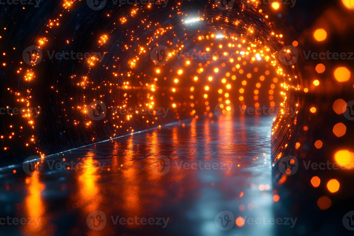 Futuristic Illuminated Tunnel with Reflective Flooring for Digital Design or Sci-Fi Concept photo
