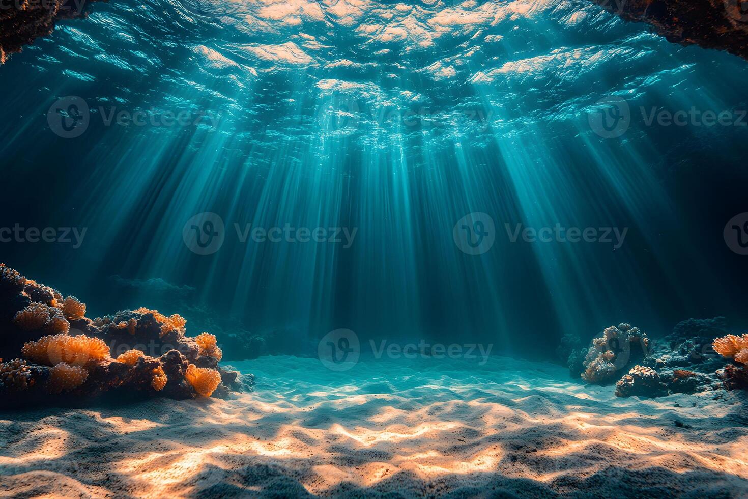 Tranquil Underwater Seascape with Sunlight Rays and Vibrant Coral Reef photo