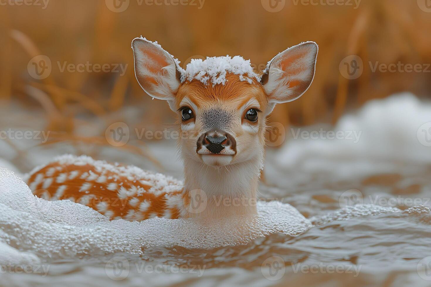 Fawn Relaxing in Snowy Nature Scene - Perfect for Winter Cards and Wildlife Posters photo