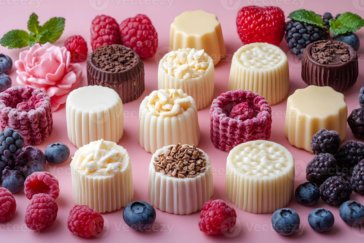 Assorted Berry and Chocolate Truffles on Pink Background for Culinary Art and Dessert Design photo