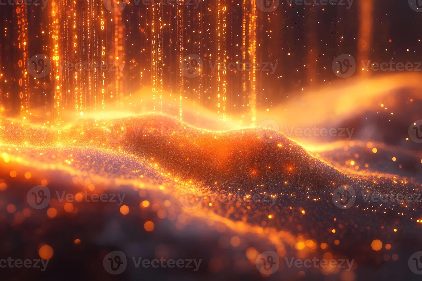 Abstract Digital Data Streams and Glowing Particles in Futuristic Landscape Design photo