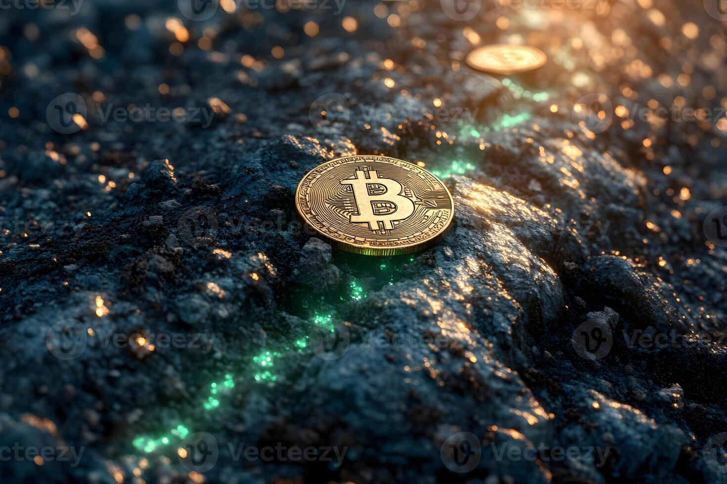 Illuminated Bitcoin Coins on Dark Surface - Cryptocurrency Investment and Technology Concept photo