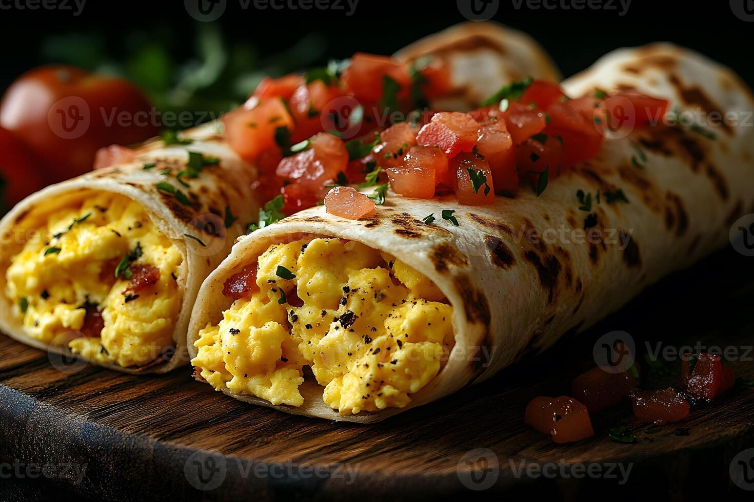 Fresh Breakfast Burritos with Scrambled Eggs and Tomato Topping on Rustic Wooden Board photo