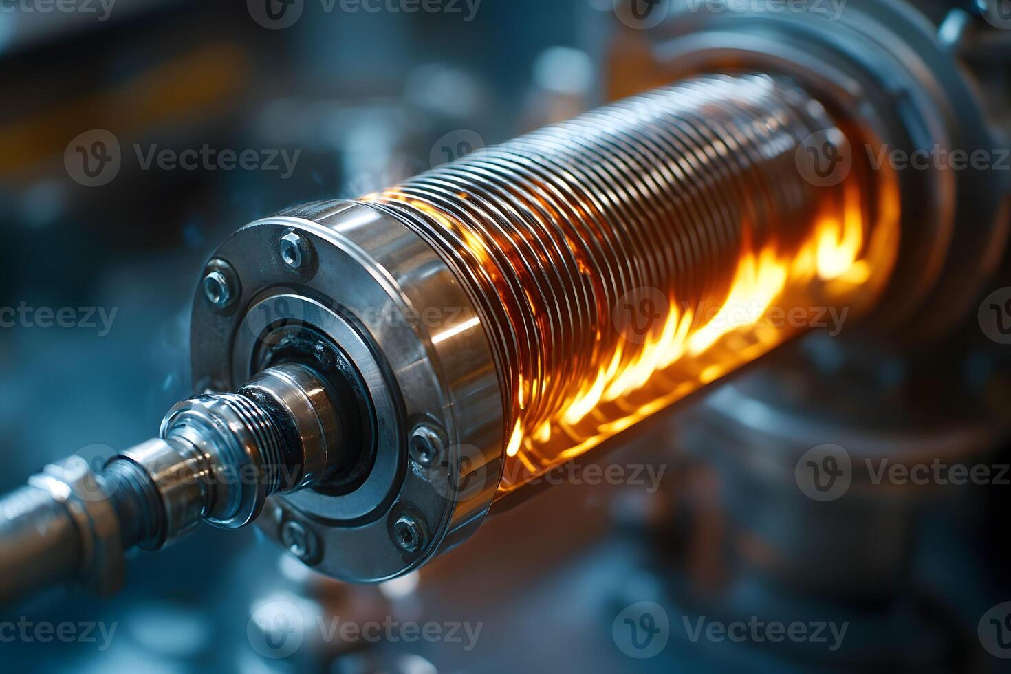 Industrial Machinery with Polished Metal Cylinder Featuring Dynamic Light Effects for Engineering Concepts photo