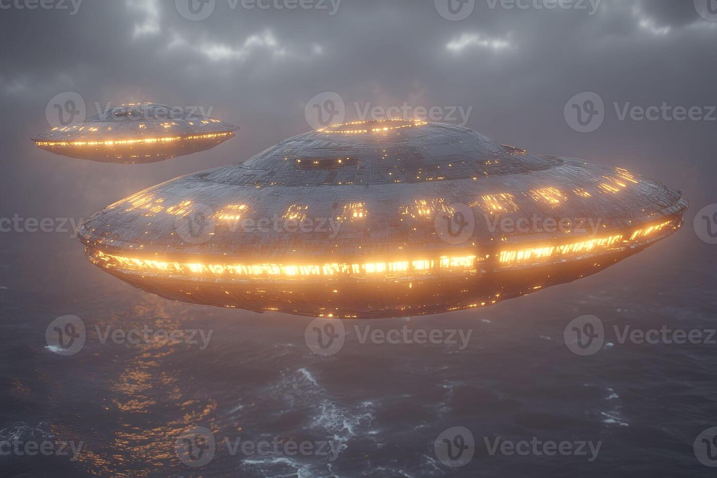 Futuristic UFOs Hovering Over Ocean at Dusk photo