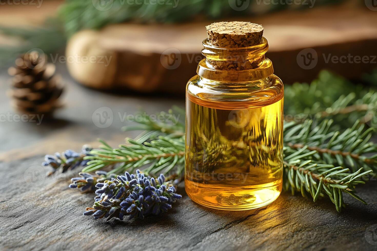 Aromatherapy Essential Oil Bottle with Pine and Lavender on Rustic Wooden Background photo