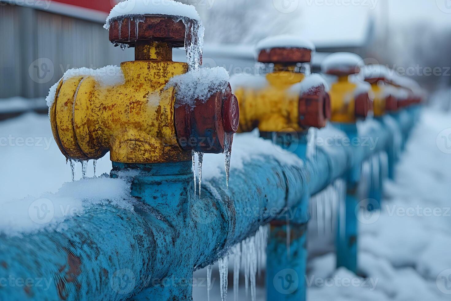 Industrial Winter Scene with Snow-Covered Pipes and Valves for Infrastructure Design photo