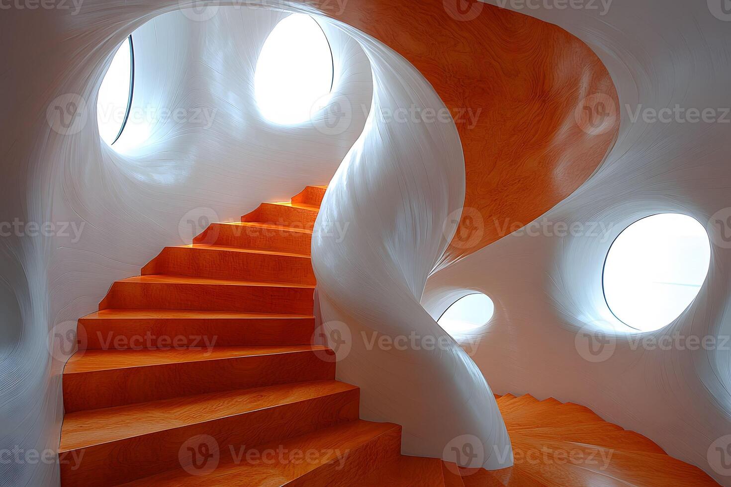 Modern Spiral Staircase with Abstract Design and Natural Light photo