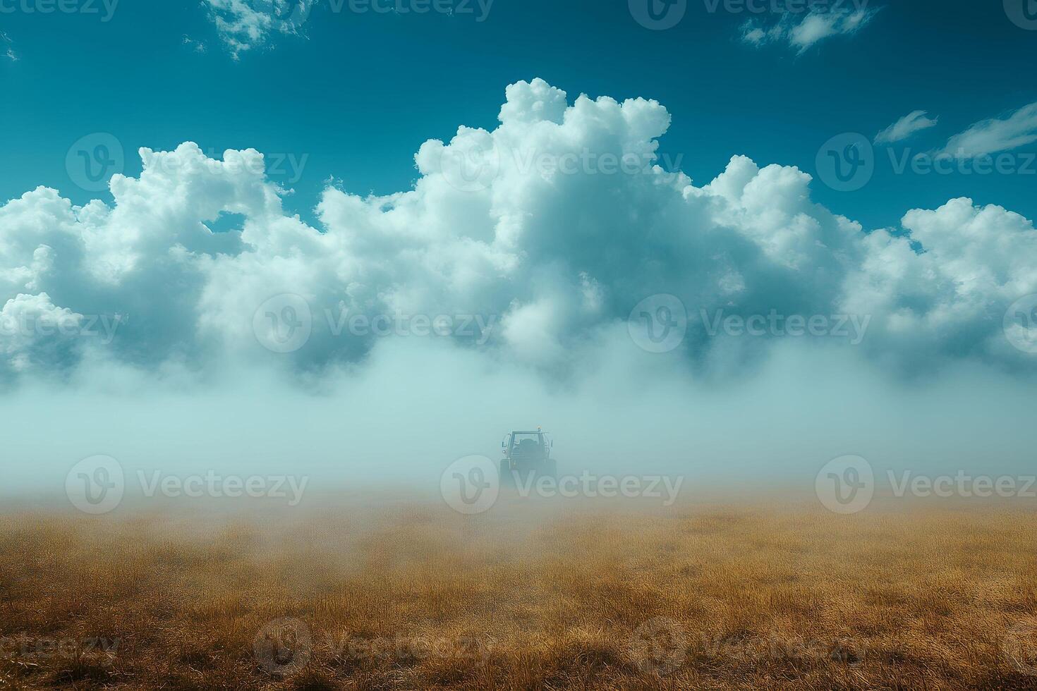 Majestic Cloud Formation Over Misty Field with Tractor Silhouette for Atmospheric Landscape Design photo
