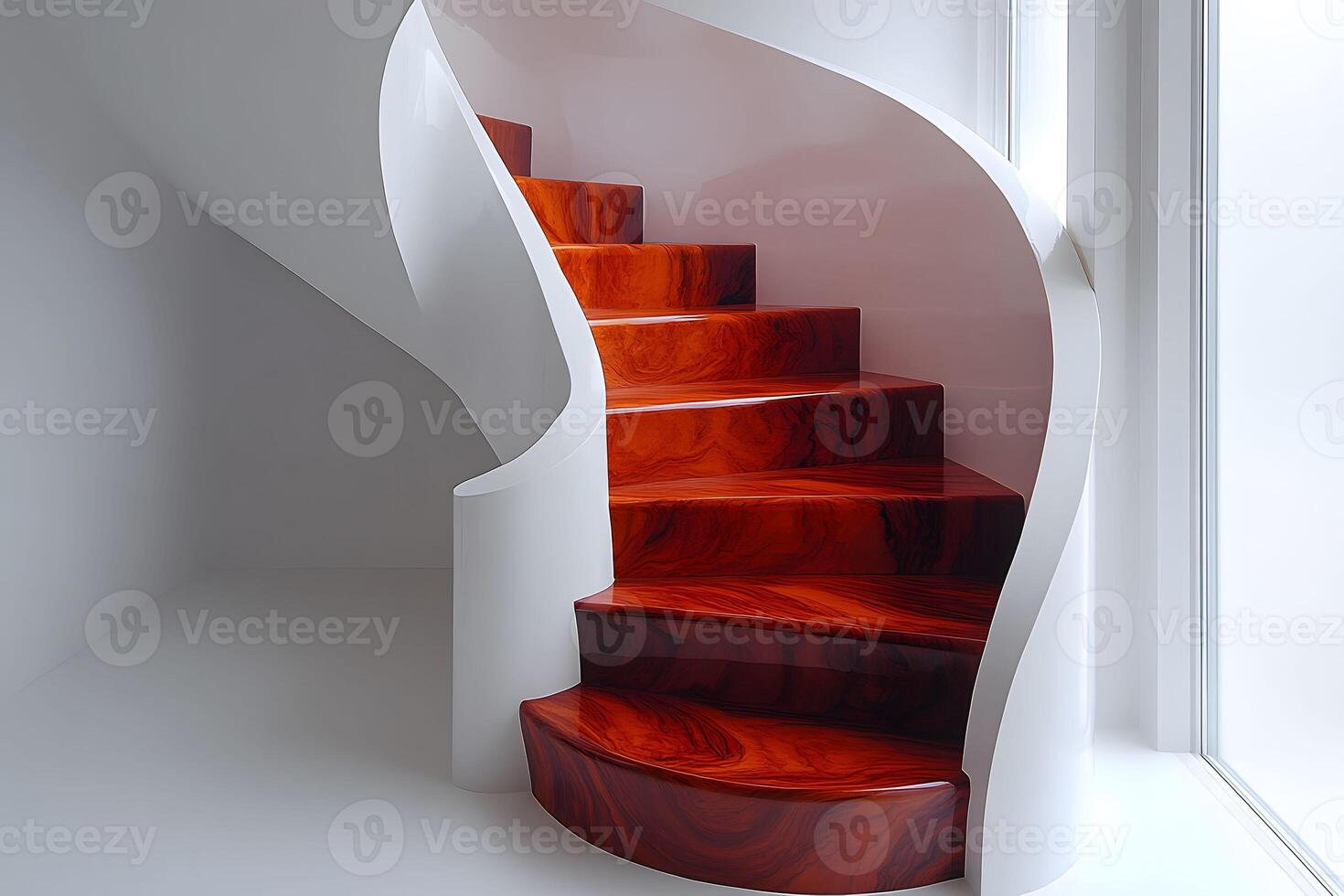Elegant Modern Spiral Staircase with Glossy Red Wood Steps in Minimalist Interior Design photo