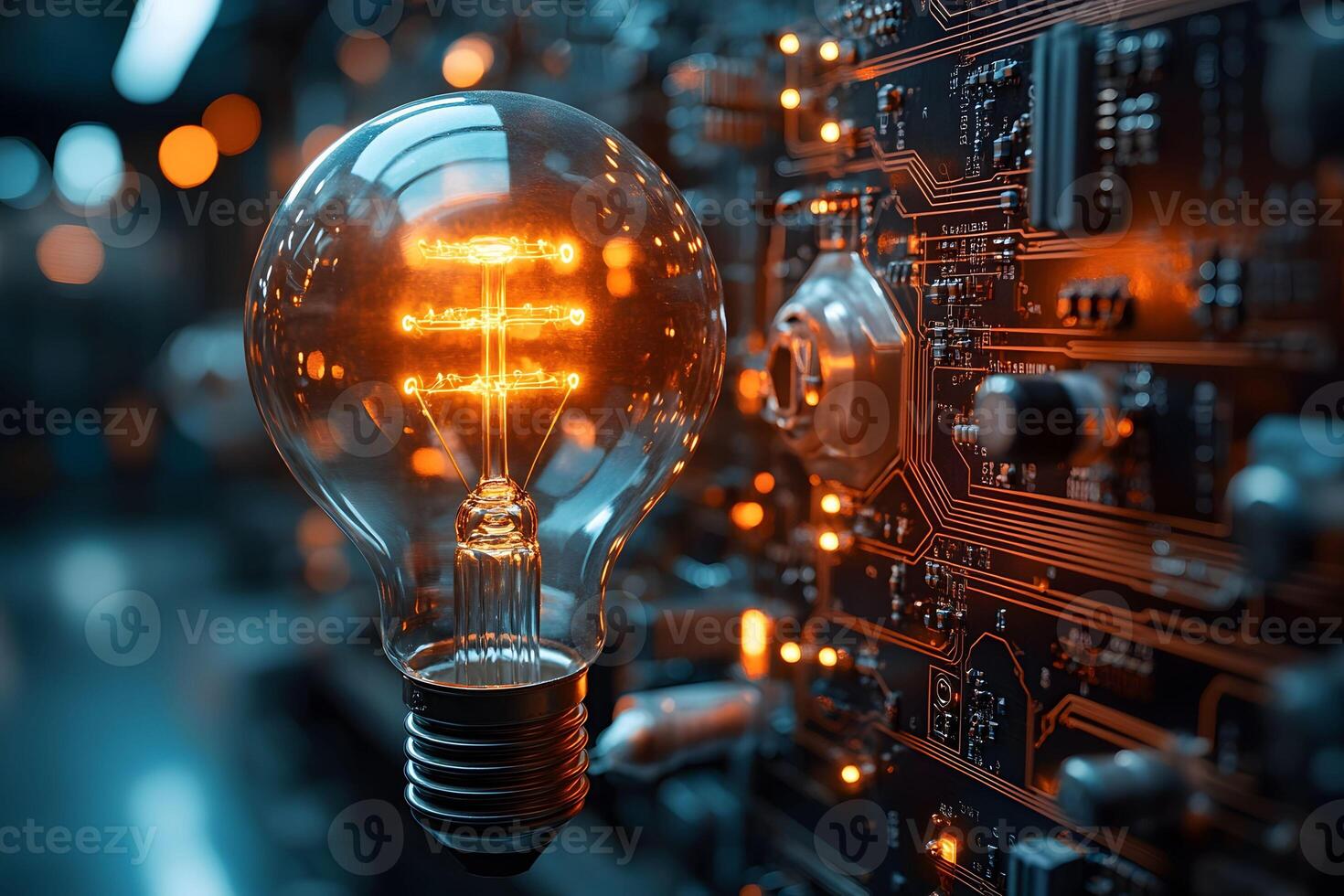 Innovation and Technology Glowing Light Bulb Against Circuit Board for Creative Design photo