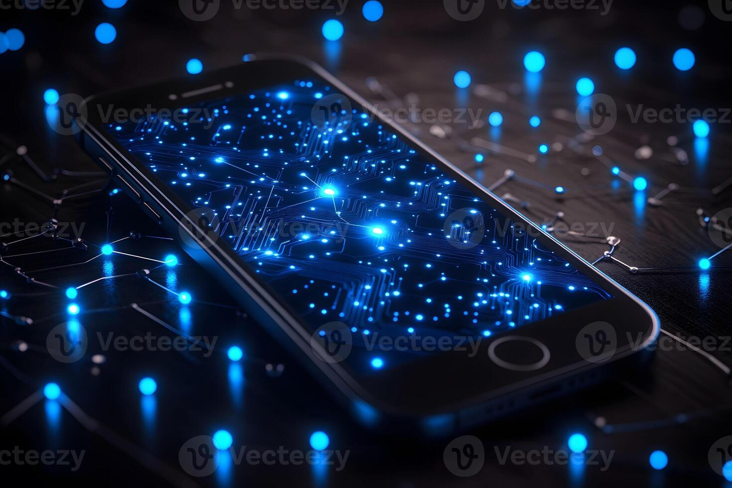 Futuristic Technology Concept with Smartphone and Glowing Digital Circuit Design for Innovation photo