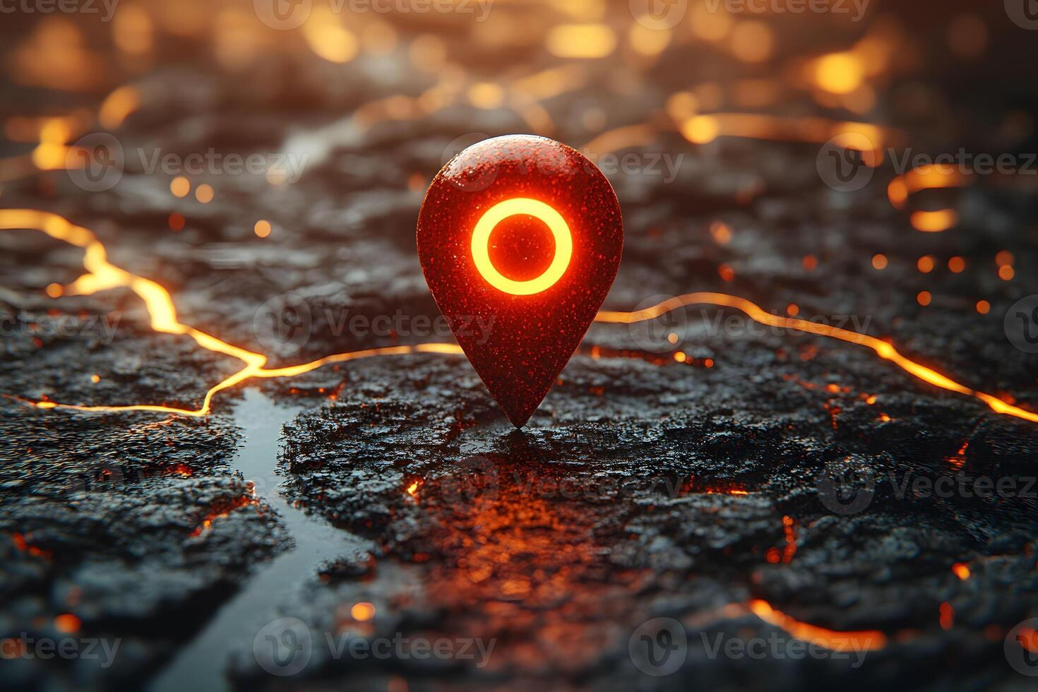 Futuristic Geolocation Marker on Molten Lava Terrain for Digital Mapping Design photo