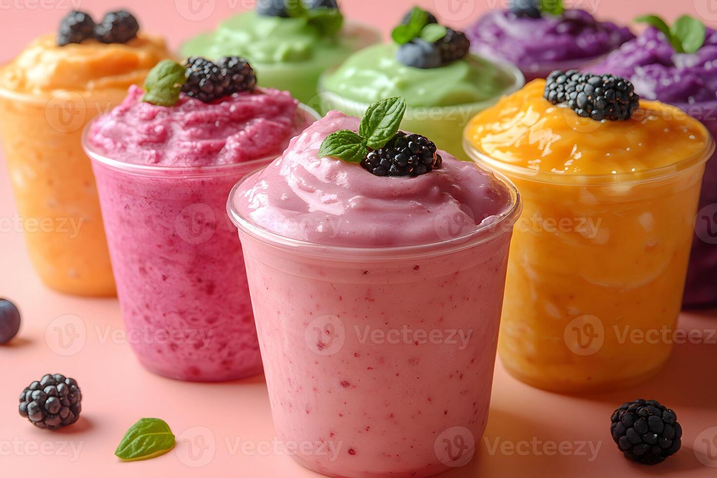 Colorful Berry Smoothies in Clear Cups with Fresh Garnish for Summer Refreshment photo