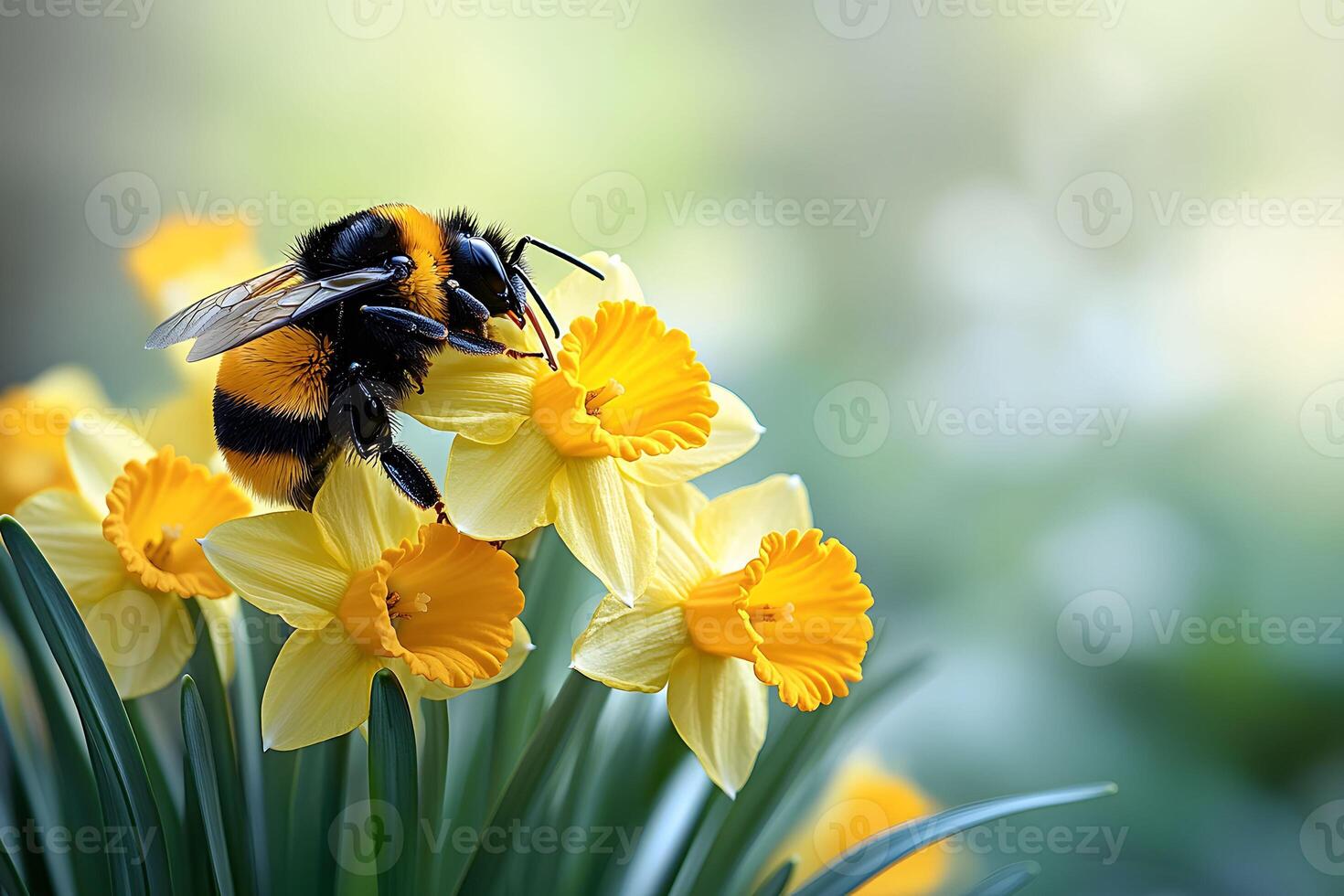 Springtime Bee on Vibrant Daffodils Against a Soft Focus Background - Nature and Botany Stock Image photo