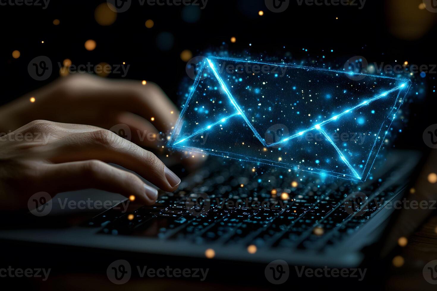 Digital Communication Concept with Holographic Email Icon Over Keyboard photo
