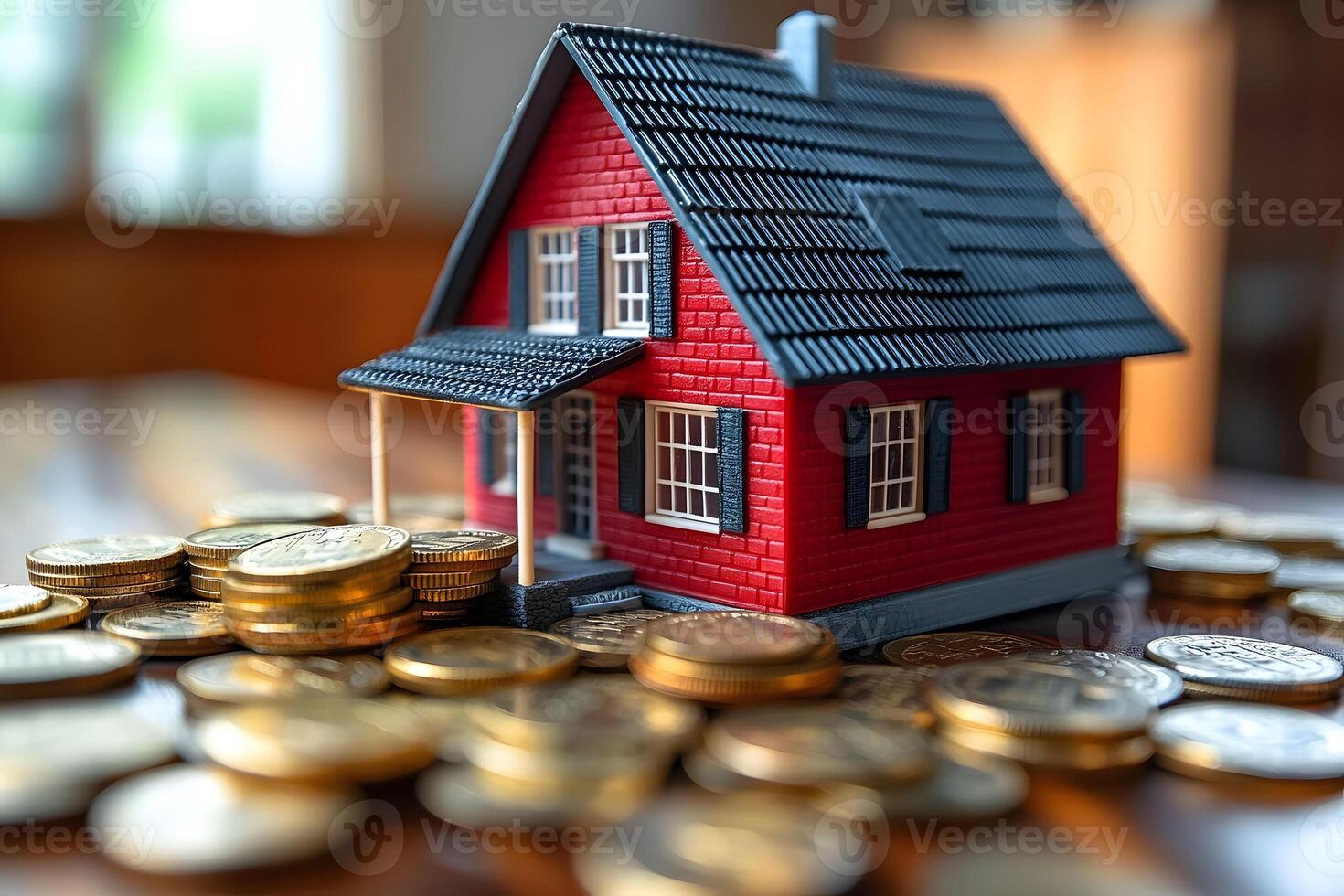 Financial Planning and Real Estate Investment Concept with Model House and Coins photo