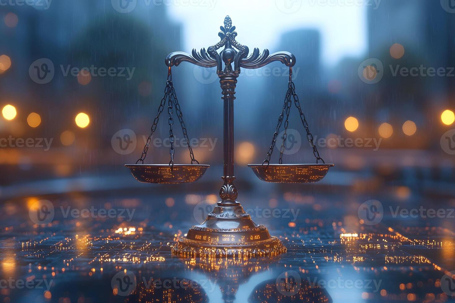 Futuristic Justice Concept with Scales of Balance in a Rainy Urban Setting photo
