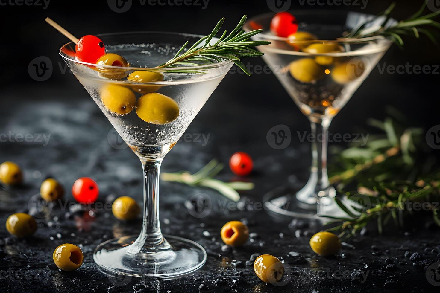 Classic Martini Pair with Olives and Rosemary Garnish for Cocktail Hour Ambience photo