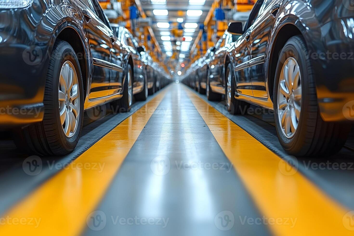 Automotive Assembly Line Symmetrical Rows of Cars in a Modern Factory Setting photo
