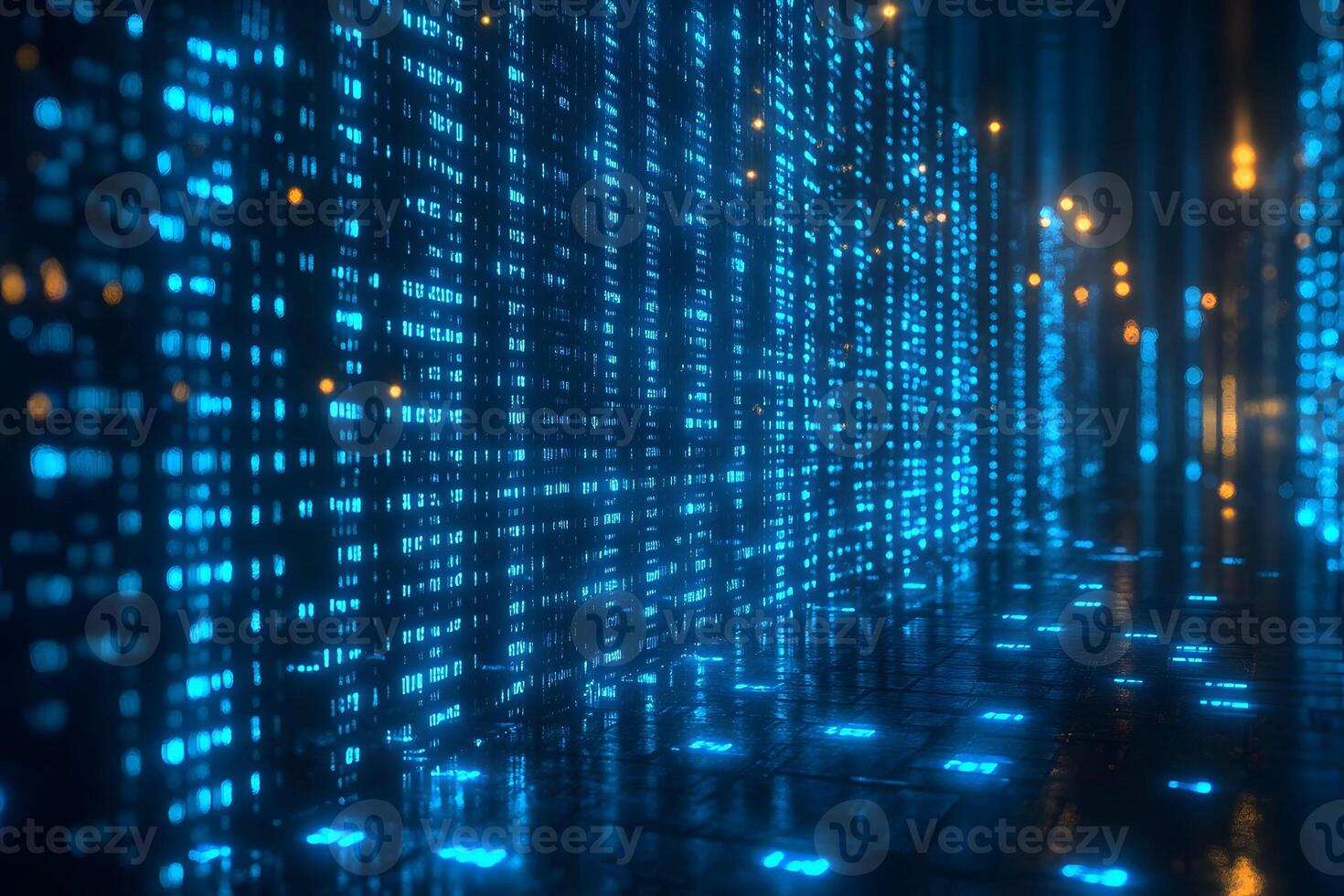 Futuristic Digital Matrix of Glowing Blue Light Grids in a Virtual Reality Landscape photo