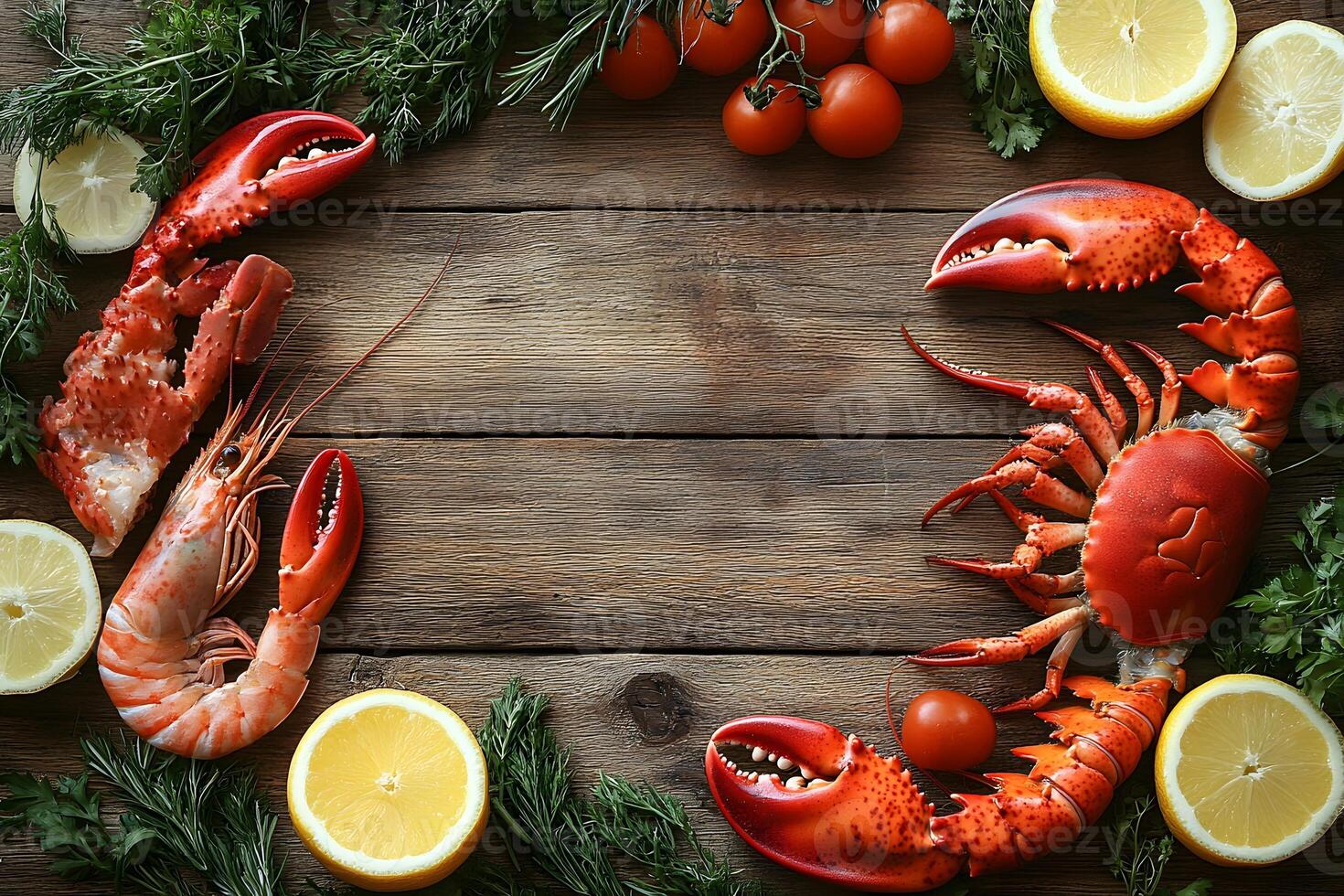 Seafood Arrangement with Lobster, Shrimp, and Fresh Ingredients on Rustic Wood photo