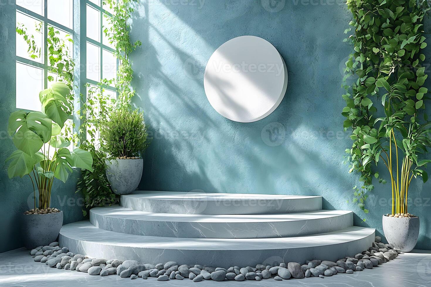 Elegant Indoor Garden with Stone Steps and Circular Mirror in Minimalist Design photo
