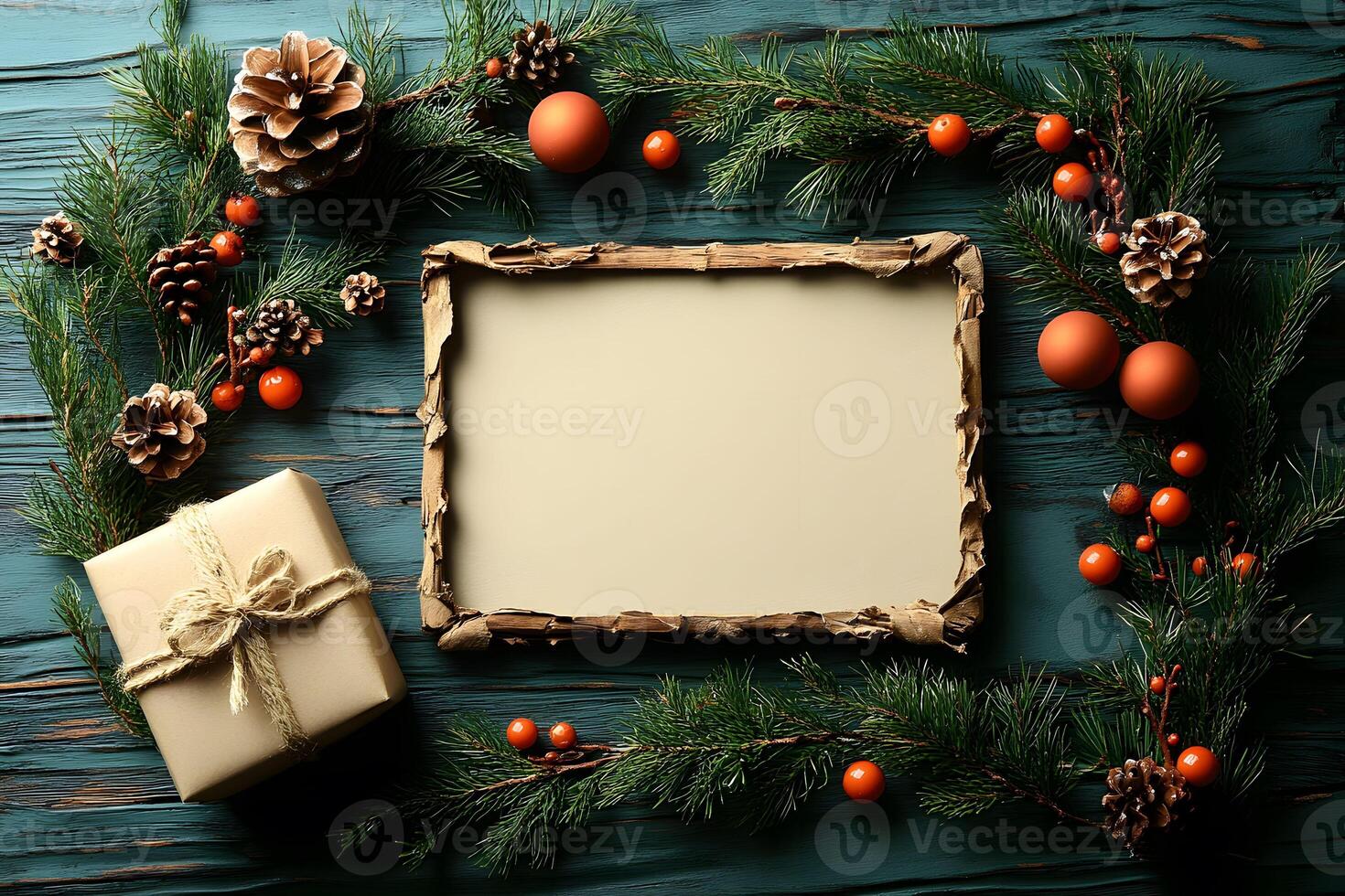 Rustic Christmas Holiday Greeting Card Design with Pine Garland and Gift photo