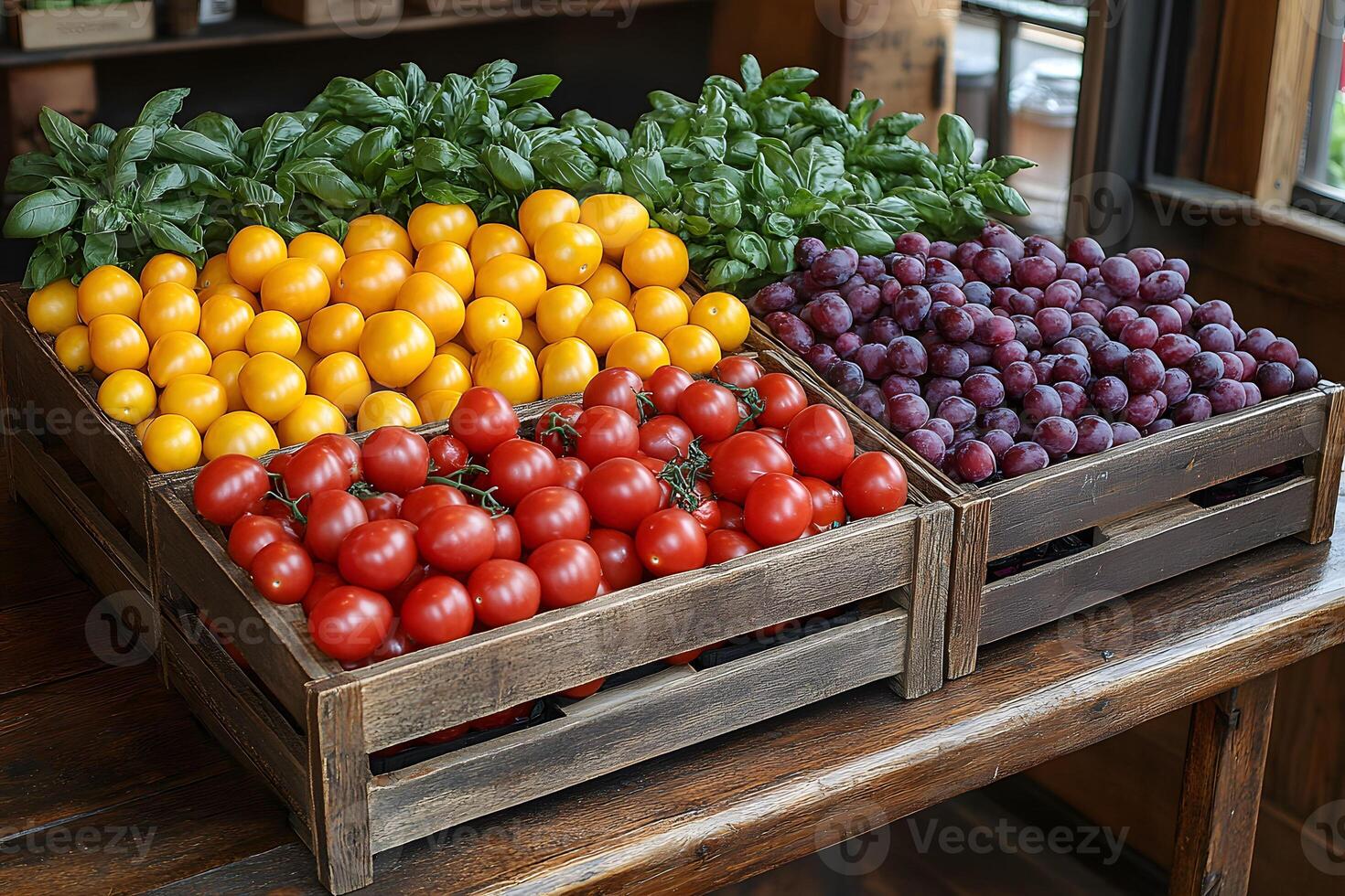 Fresh Organic Produce Display With Colorful Tomatoes and Plums for Rustic Market photo