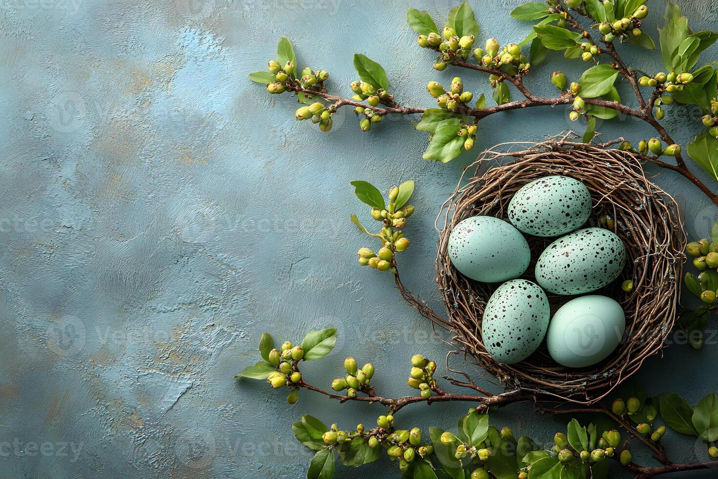 Easter Holiday Speckled Eggs in Nest with Blossoming Branches - Perfect for Spring Decor and Design photo