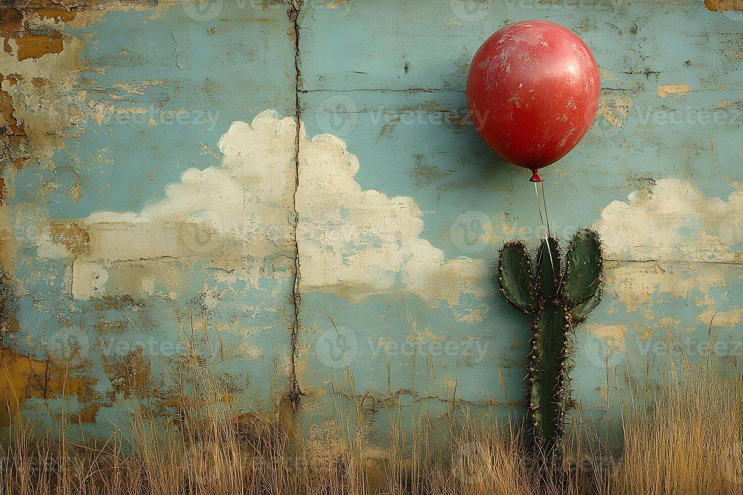 Surreal Desert Scene with Red Balloon and Painted Clouds photo
