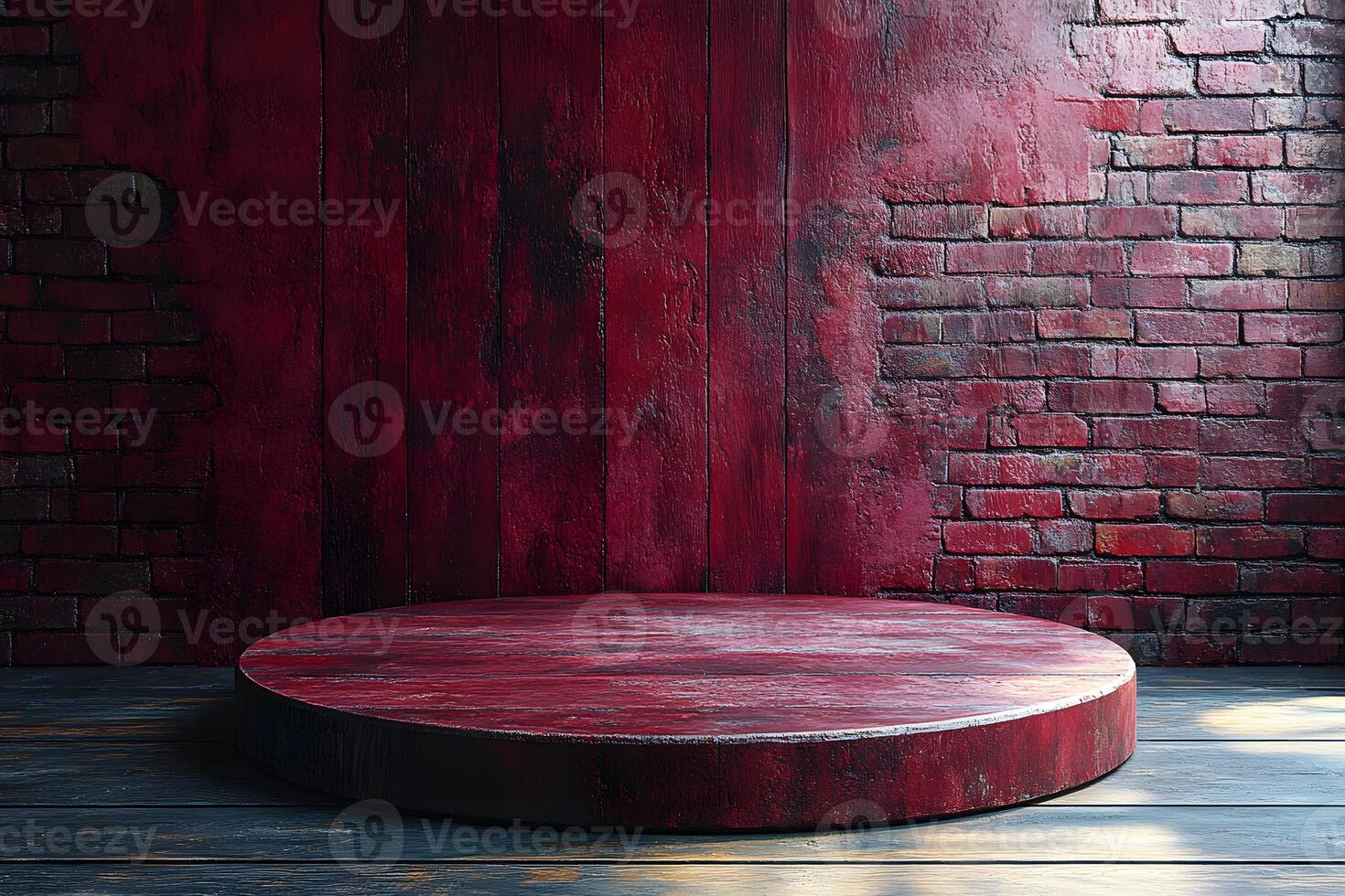 Rustic Red Brick Wall and Wooden Platform for Product Display and Design Background photo