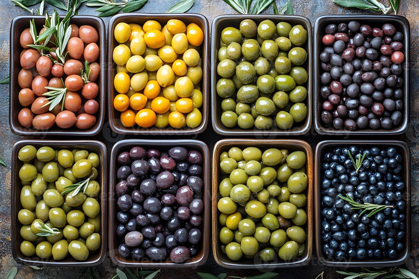 Variety of Assorted Olives in Rustic Containers with Fresh Rosemary Garnish for Culinary Design photo