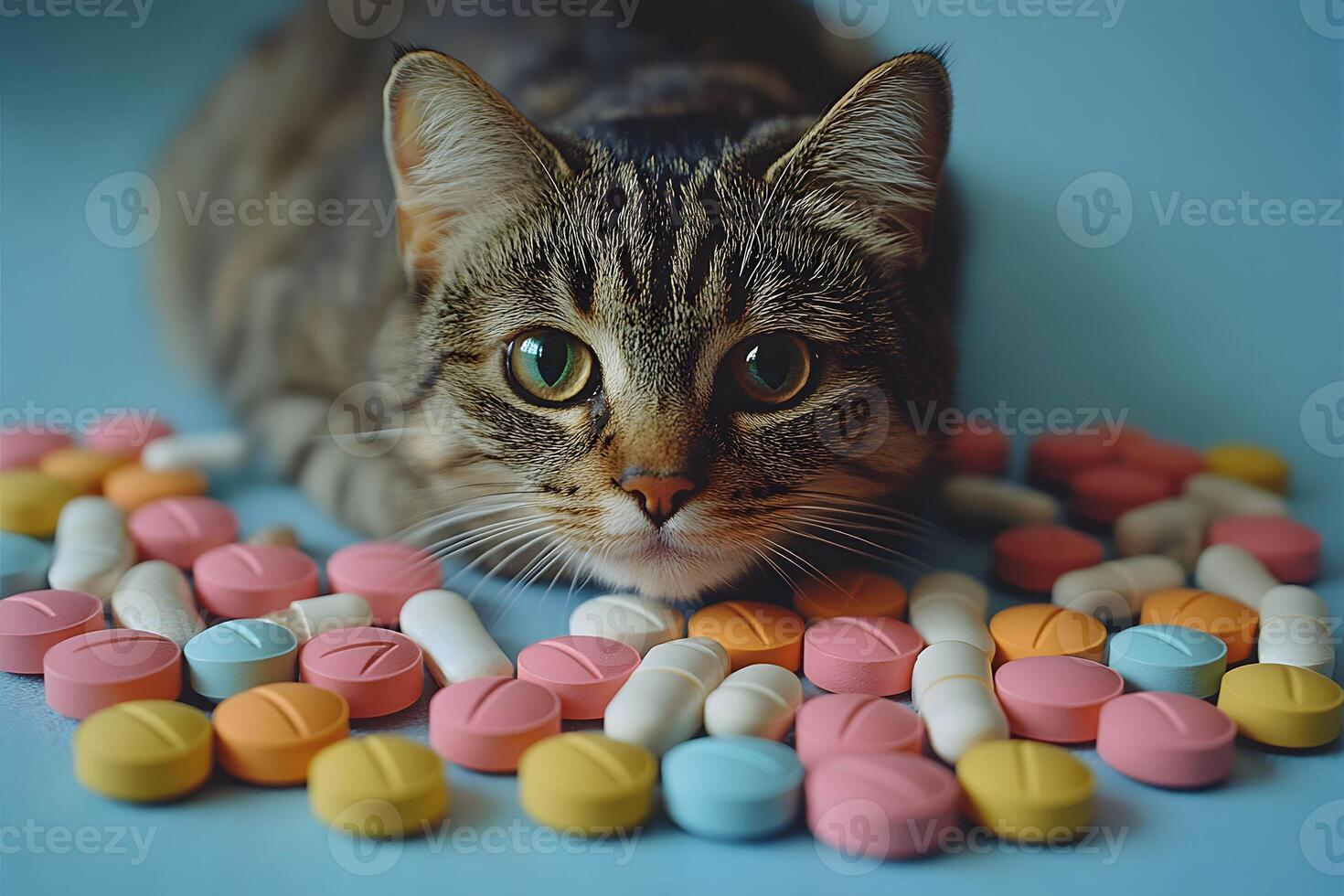 Curious Cat Surrounded by Colorful Pills on Blue Background for Awareness Campaigns photo