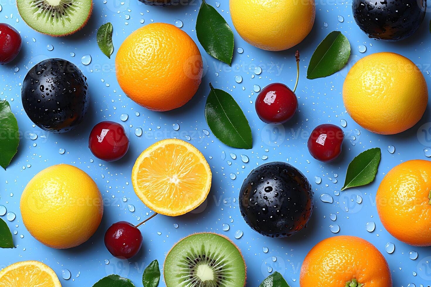 Vibrant Citrus and Fruit Pattern on Blue Background for Fresh Summer Design photo