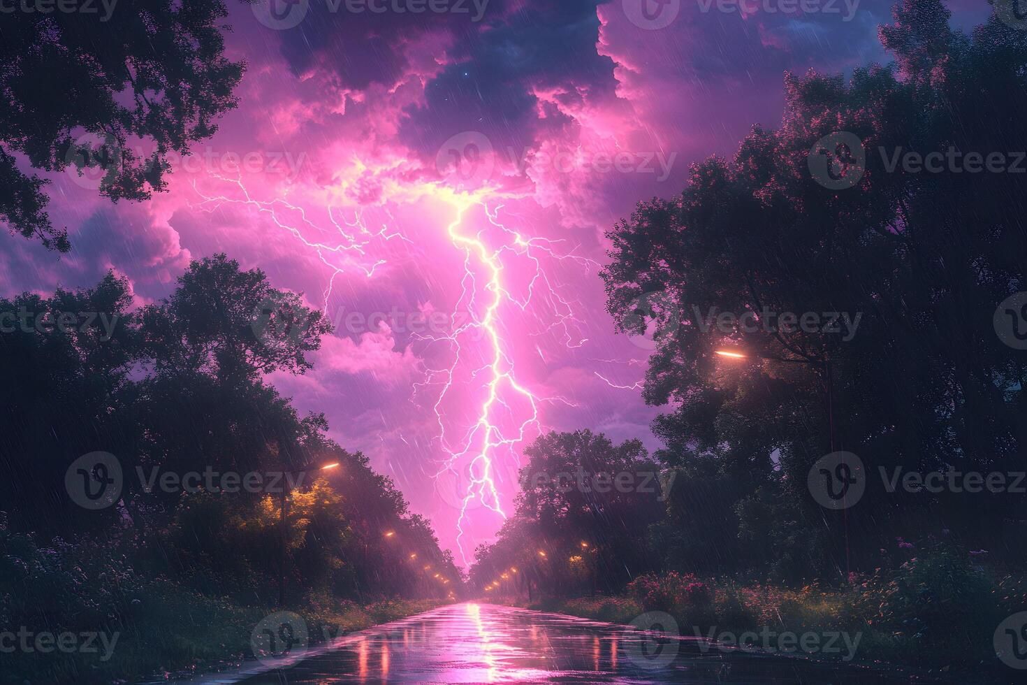 Dramatic Thunderstorm with Vivid Lightning Strike Over Forest Road at Dusk photo