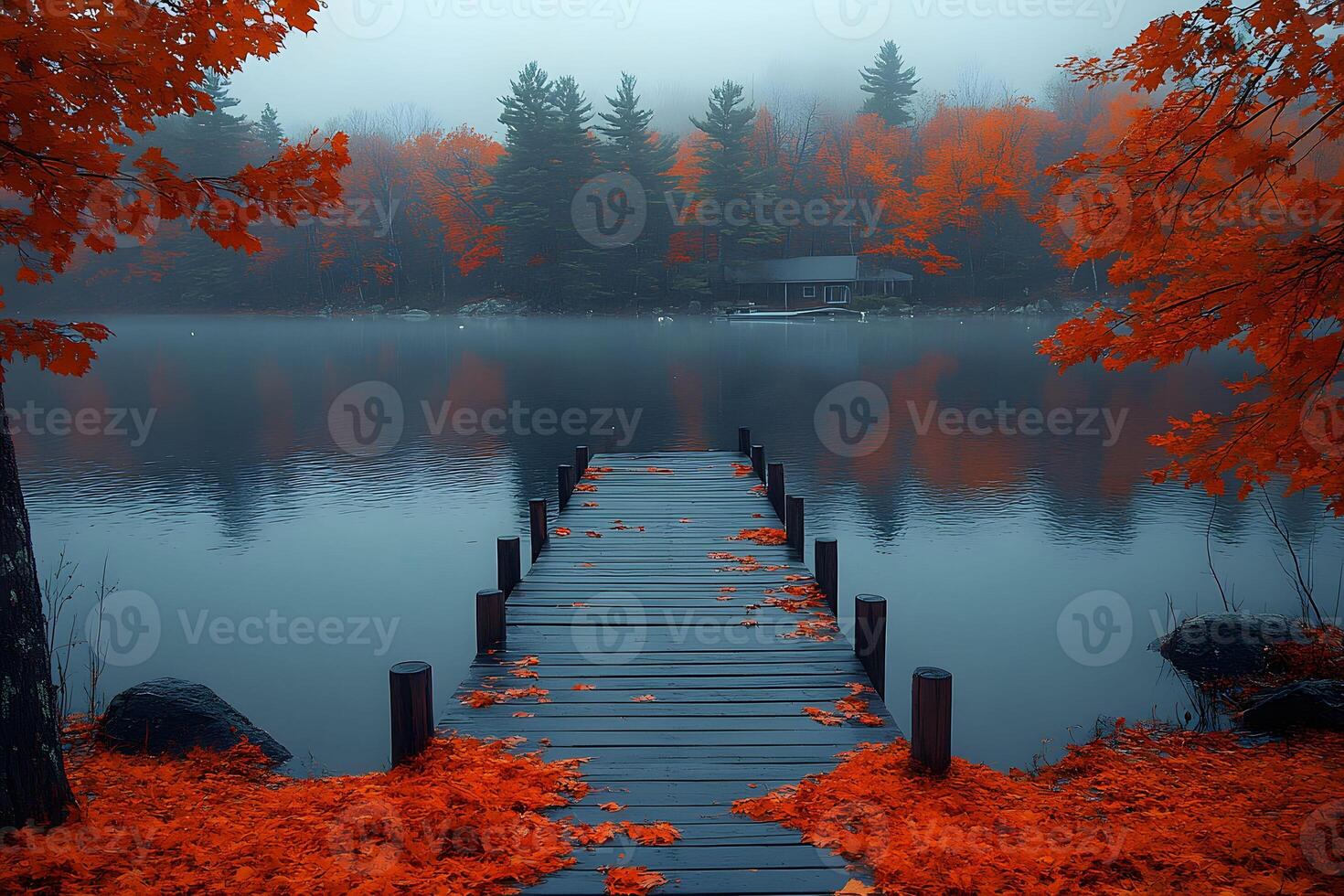 Tranquil Autumn Lake Scene with Misty Atmosphere and Vibrant Fall Foliage photo