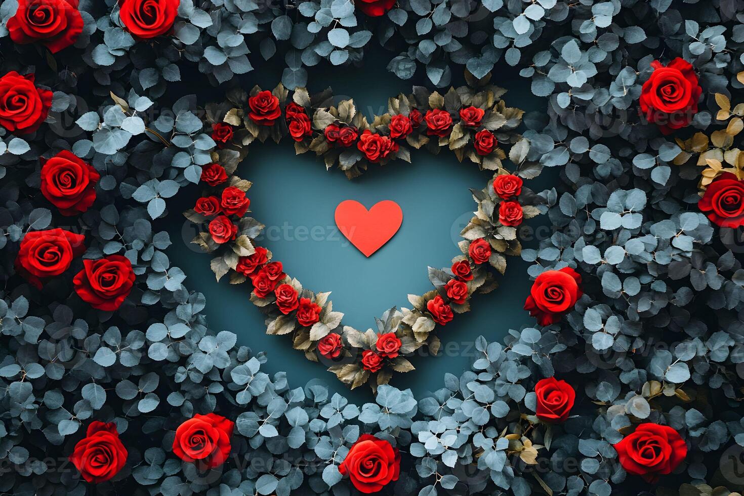 Romantic Heart Shaped Rose Arrangement on Lush Greenery for Valentine's Day Design photo